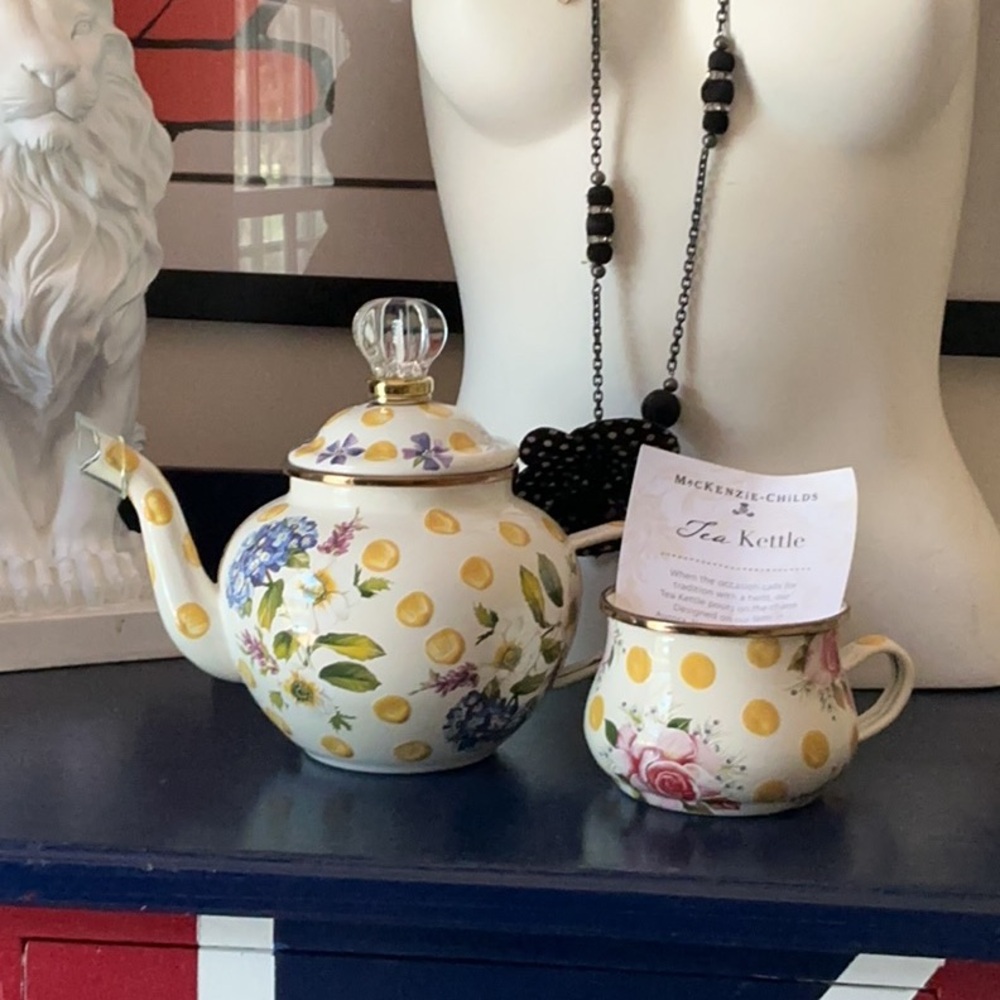 MacKenzie-Childs Yellow Polka Dot Floral Teapot & Cup Set